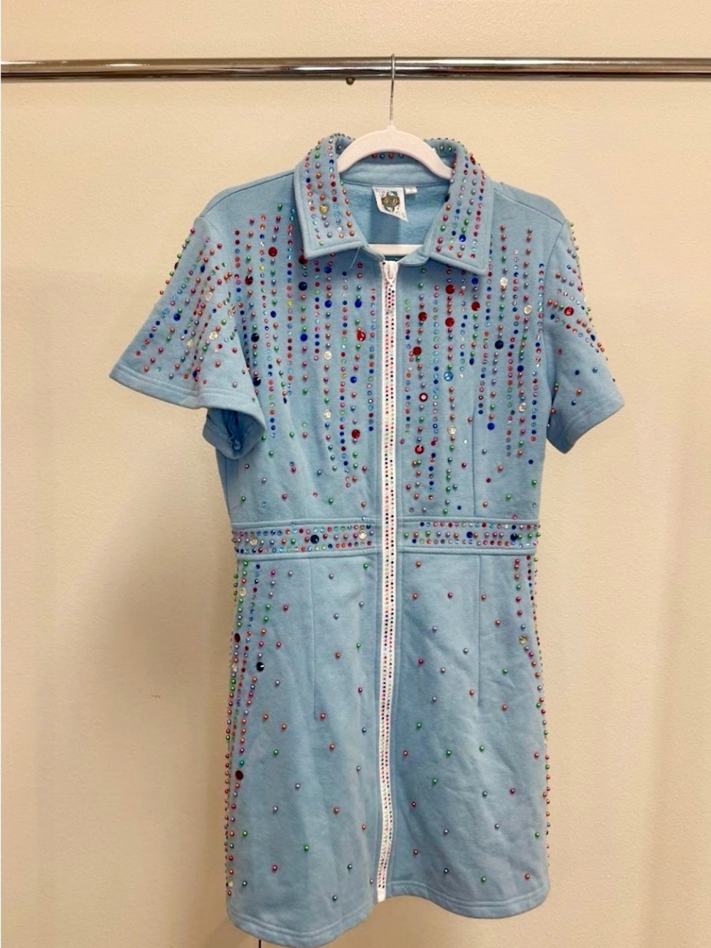 QUEEN OF SPARKLES Baby Blue Zip-Front Short Sleeve Jewel Dress